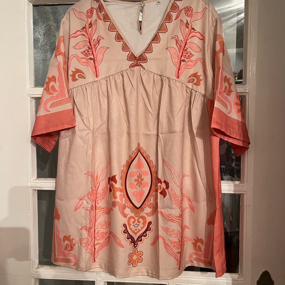Cream and Pink Embroidered Tunic with 3/4 Sleeves